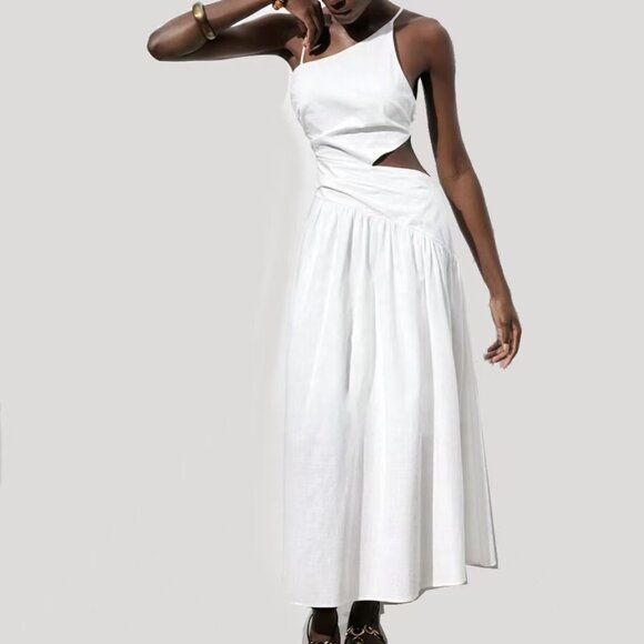 Asymmetrical Dress Cut Out Ruched Maxi Lace Up Back - Picture 1 of 10